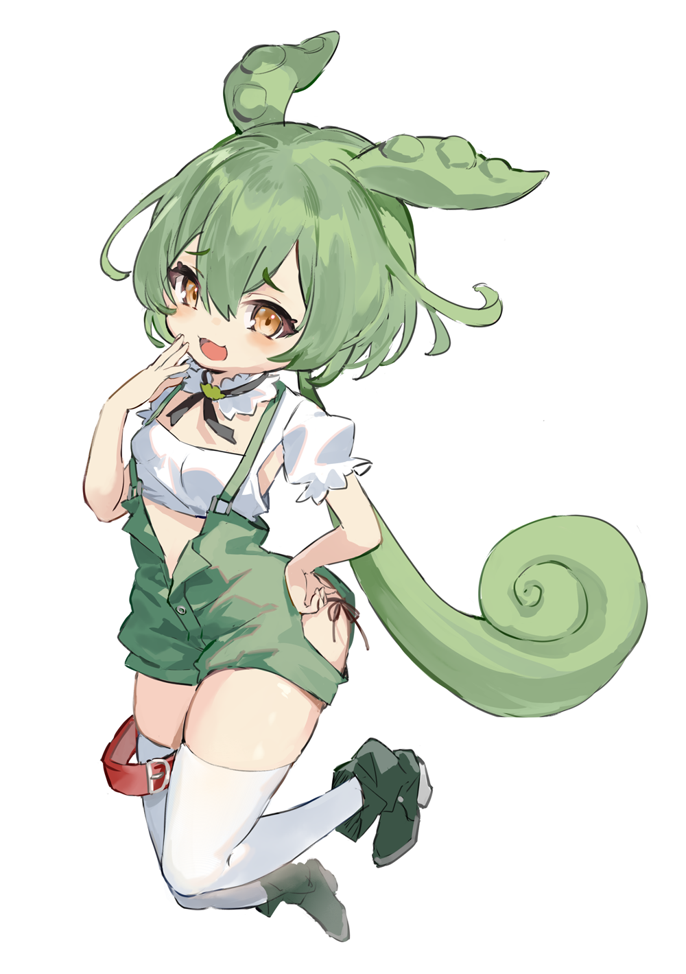 1girl armpit_cutout blush breasts clothing_cutout commentary crop_top detached_collar full_body green_footwear green_hair green_overalls highres hip_vent jumping karasu_btk kneehighs long_hair looking_at_viewer overalls pea_pod shirt short_sleeves simple_background small_breasts smirk socks solo stifled_laugh voicevox white_background white_shirt white_socks yellow_eyes zundamon