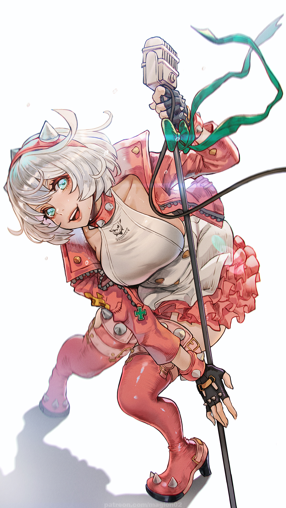 1girl ahoge black_gloves blue_eyes blush boots bracelet breasts clover collar dress elphelt_valentine four-leaf_clover frilled_dress frills gloves green_ribbon guilty_gear guilty_gear_strive hairband highres holding holding_microphone huge_ahoge jacket jewelry large_breasts looking_at_viewer magion02 microphone open_mouth pink_dress pink_footwear pink_hairband pink_jacket ribbon short_hair sideboob smile spiked_bracelet spiked_collar spiked_hairband spikes thigh_boots two-tone_dress white_dress white_hair