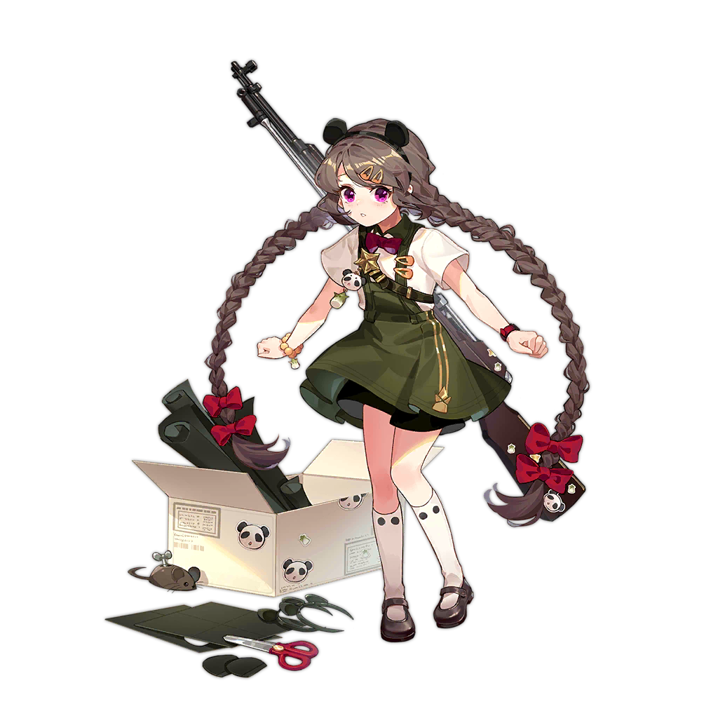 1girl aged_down animal_ear_hairband animal_ears animal_sticker bamboo_shoot black_footwear black_shorts bow bowtie box braid brown_hair cardboard_box closed_mouth dress fake_animal_ears full_body girls'_frontline green_dress gun gun_on_back hair_bow hair_ornament hairband hairclip kan_(rainconan) long_hair looking_at_viewer low_twin_braids mary_janes mouse official_alternate_costume official_art open_box panda purple_eyes red_bow red_bowtie rifle safety_scissors scissors scroll scrunchie shirt shoes short_sleeves shorts shorts_under_dress simple_background sks socks solo standing star_(symbol) third-party_source transparent_background twin_braids type_56_carbine_(girls'_frontline) type_56_carbine_(panda-eared_seamstress)_(girls'_frontline) very_long_hair watch weapon weapon_on_back white_shirt white_socks winding_key wrist_scrunchie wristwatch yellow_scrunchie