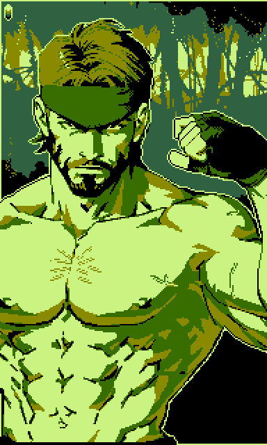 1boy abs bara beard biceps facial_hair fingerless_gloves flexing full_beard gloves headband looking_at_viewer male_focus mature_male metal_gear_(series) metal_gear_solid monochrome muscular muscular_male mustache navel nipples pixel_art sanpaku short_hair solid_snake solo sparse_chest_hair thatlonelycrow thick_eyebrows tsurime upper_body veiny_pectorals