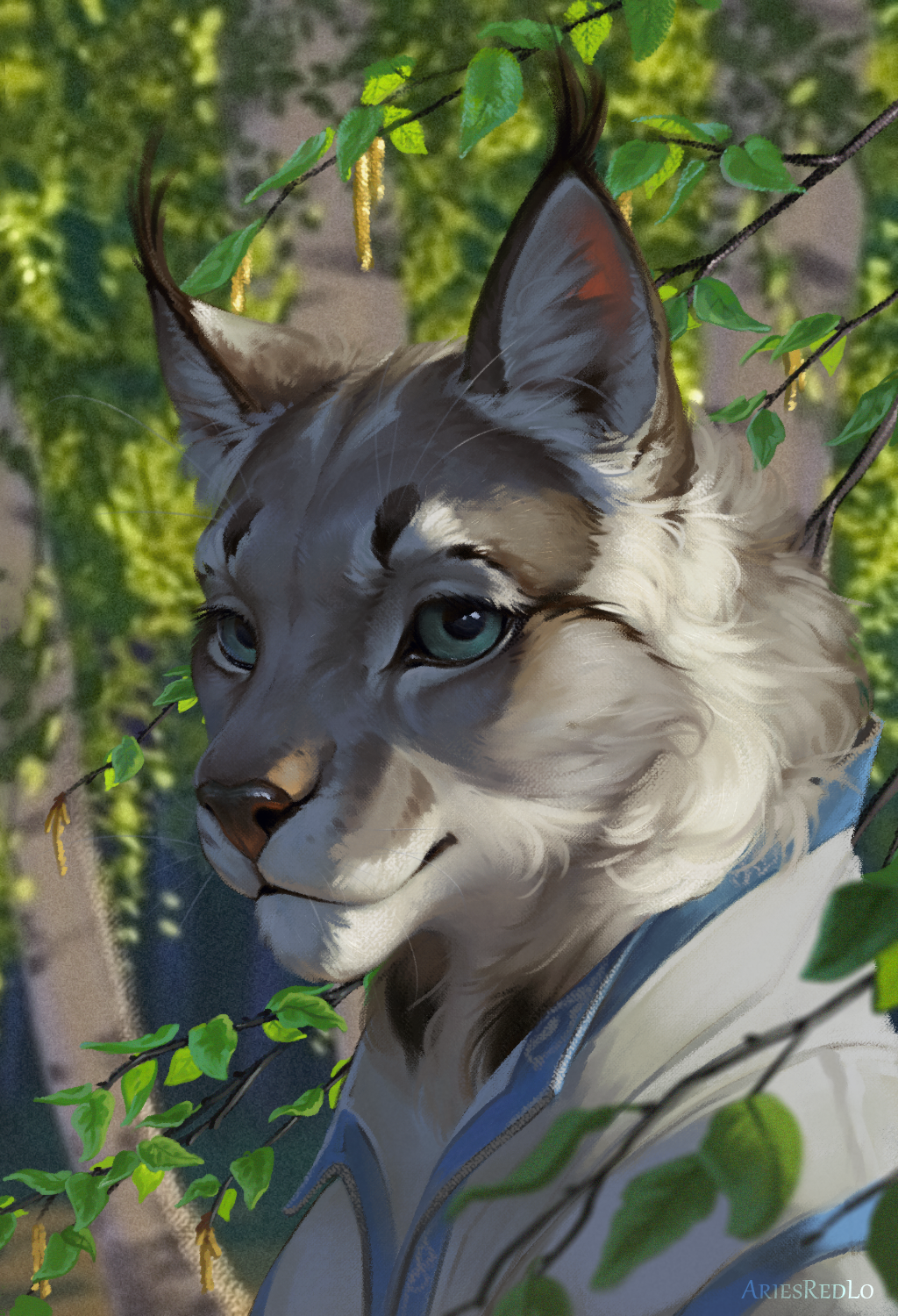 ambiguous_gender ariesredlo artist_name black_markings blurred_background blurred_foreground brown_nose bust_portrait collar collared_shirt countershade_ears countershade_face countershading detailed_background felid feline forest forest_background fur fur_markings grey_body grey_fur hi_res leaf looking_at_viewer lynx mammal markings mouth_closed multicolored_body multicolored_fur nature nature_background outside plant portrait smile solo text three-quarter_portrait tree ukuskin_(alsares) watermark white_body white_fur