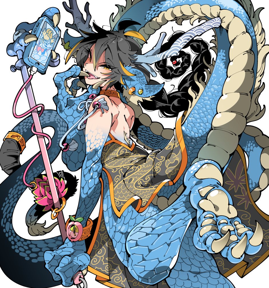 1boy animal_ear_fluff animal_ears animal_feet animal_hands antennae antlers black_hair blonde_hair blue_scales bracelet braid braided_ponytail chinese_clothes claws different_reflection dragon dragon_boy dragon_ears dragon_tail ear_piercing fangs fewer_digits finger_in_own_mouth flower foot_out_of_frame from_behind fur-tipped_tail hair_between_eyes hand_up holding horns jewelry kafun long_hair looking_at_viewer looking_back lotus male_focus monster_boy multicolored_hair neck_ring original otoko_no_ko pelvic_curtain piercing reflection running scales selfie selfie_stick simple_background single_braid slit_pupils solo streaked_hair tail tail_ornament tail_ring taking_picture tongue tongue_out tsurime very_long_hair very_long_tail watch white_background wristwatch yellow_eyes