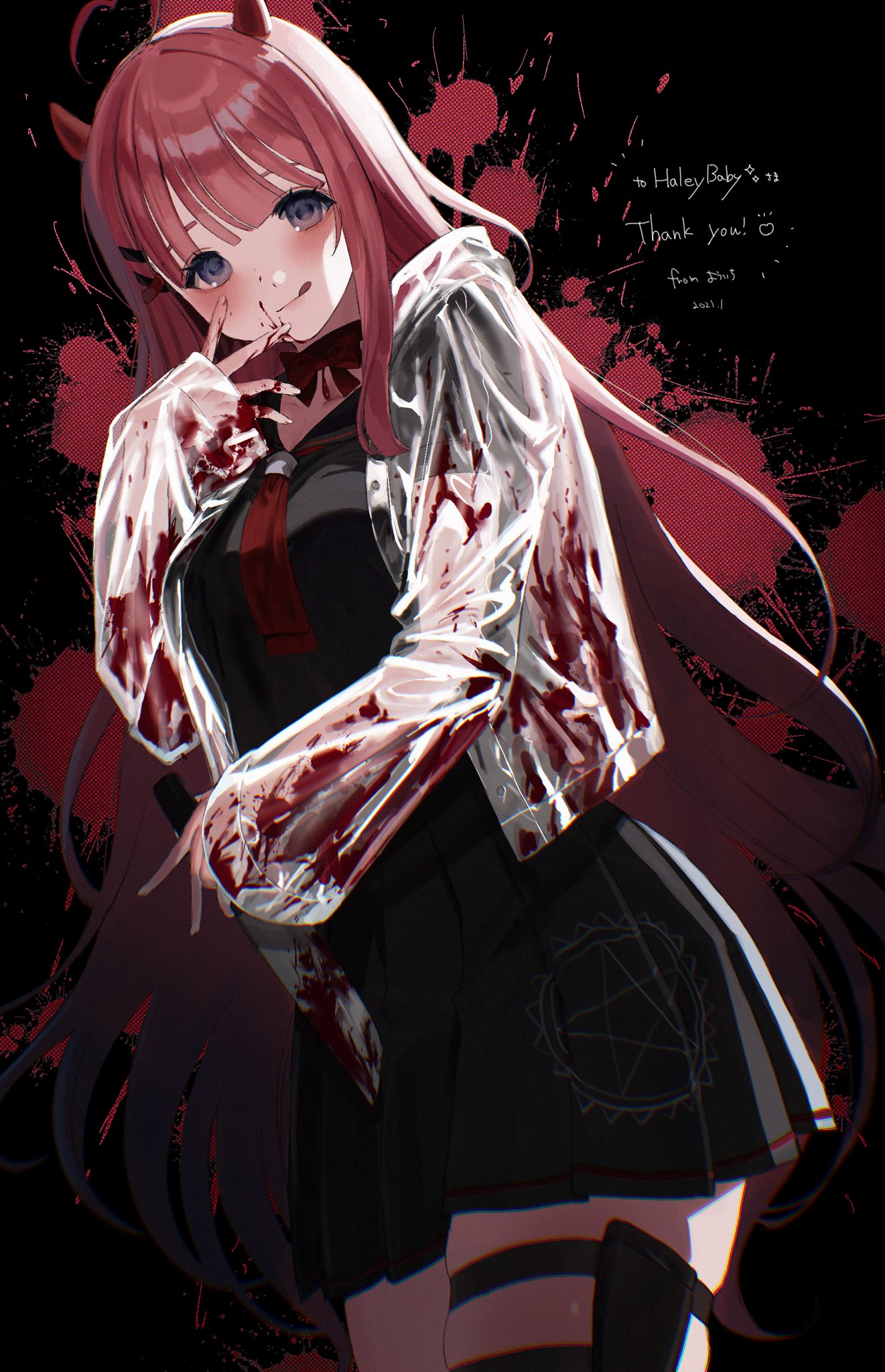 1girl :q ahoge black_background black_sailor_collar black_serafuku black_shirt black_skirt blood blood_on_clothes blood_on_face blood_on_knife blood_splatter blush bow bow_choker bowtie choker chromatic_aberration closed_mouth commentary commission cowboy_shot demon_girl english_commentary fingernails hair_ornament hairclip hand_on_own_face highres holding holding_knife holding_weapon horns indie_virtual_youtuber kitchen_knife knife long_hair long_sleeves looking_at_viewer neckerchief pentagram pink_hair pink_horns pleated_skirt purple_eyes raincoat red_background red_bow red_bowtie red_choker red_neckerchief saiko_(vtuber) sailor_collar school_uniform second-party_source serafuku shirt short_sleeves skeb_commission skirt smile solo standing thank_you thigh_strap tongue tongue_out traditional_bowtie transparent_raincoat very_long_hair virtual_youtuber weapon youichi_(45_01)
