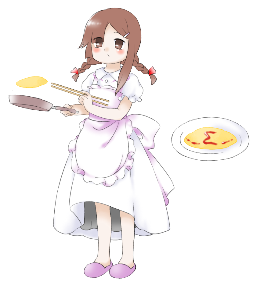 1girl apron back_bow bow brown_eyes brown_hair chopsticks collared_dress dress eyes_visible_through_hair flat_chest food frying_pan hair_ornament hair_ribbon hairclip holding holding_chopsticks holding_frying_pan ketchup long_hair nonamejd official_style omelet plate puffy_short_sleeves puffy_sleeves purple_footwear red_ribbon ribbon rika_(touhou) short_sleeves simple_background slippers solo standing touhou touhou_(pc-98) white_apron white_background white_bow white_dress zun_(style)