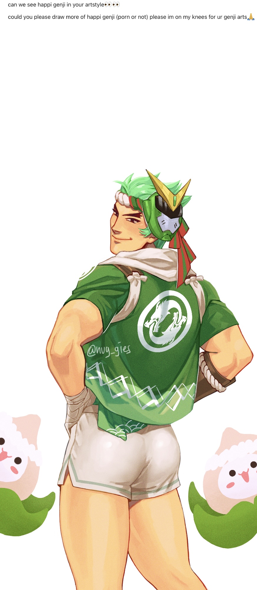 1boy ass back bandaged_hand bandages closed_mouth dolphin_shorts english_text genji_(overwatch) green_hair happi_genji_(overwatch) highres looking_at_viewer male_focus mask mask_on_head nuggies_(nug_gies) overwatch overwatch_2 short_hair short_shorts shorts smile solo twitter_username white_shorts