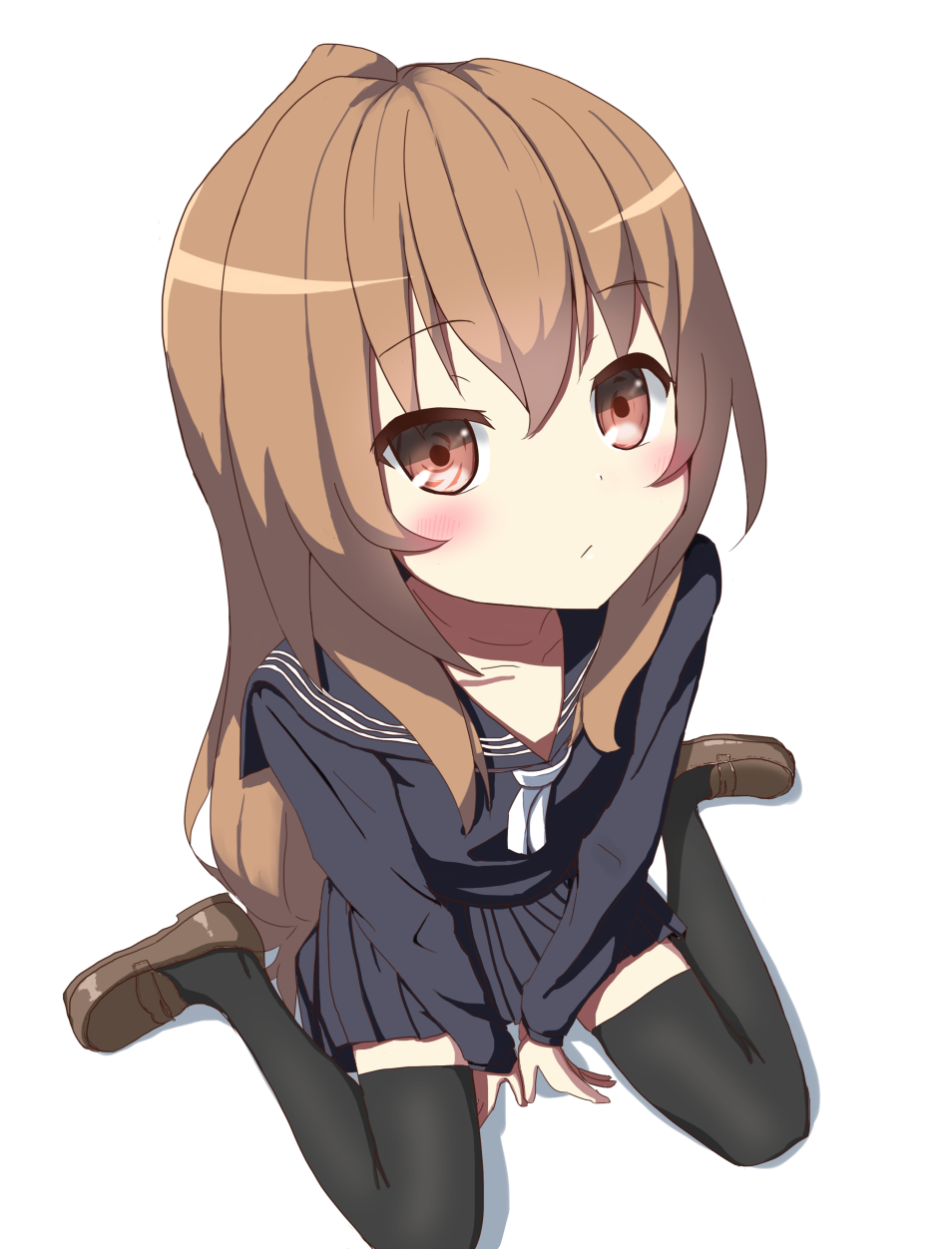1girl aisaka_taiga between_legs black_sailor_collar black_serafuku black_shirt black_skirt black_thighhighs blush brown_footwear brown_hair closed_mouth collarbone commentary_request full_body hair_between_eyes hand_between_legs highres kogayuu loafers long_hair long_sleeves looking_at_viewer neckerchief partial_commentary pleated_skirt red_eyes sailor_collar school_uniform serafuku shirt shoes simple_background sitting skirt solo thighhighs toradora! very_long_hair wariza white_neckerchief