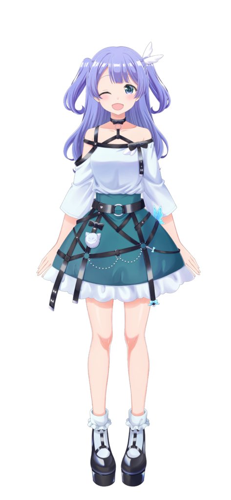1girl asacrebleu bare_shoulders belt black_belt black_bow black_footwear blue_eyes blue_skirt bow frilled_skirt frills full_body hair_ornament long_hair mary_janes nijisanji o-ring off_shoulder official_art one_eye_closed open_mouth purple_hair second-party_source shirt shoes simple_background skirt smile socks solo tachi-e twintails virtual_youtuber white_background white_shirt white_socks wing_hair_ornament yuuki_chihiro yuuki_chihiro_(16th_costume)