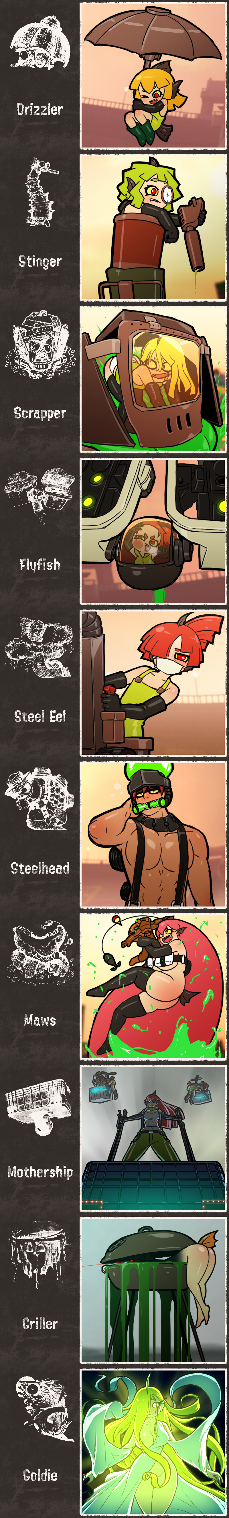 6+girls absurdres androgynous ass breasts character_name cockpit commentary drizzler_(splatoon) fangs fins flyfish_(splatoon) glowing goldie_(splatoon) griller_(splatoon) hair_over_one_eye highres humanization large_breasts long_image maws_(splatoon) mike_inel mothership_(splatoon) multiple_boys multiple_girls muscle navel odd_one_out orange_hair panties pectorals personification red_eyes salmonid scrapper_(splatoon) smile splatoon_(series) splatoon_2 steel_eel steelhead_(splatoon) stinger_(splatoon) stomach surgical_mask suspenders tall_image thighhighs umbrella underwear