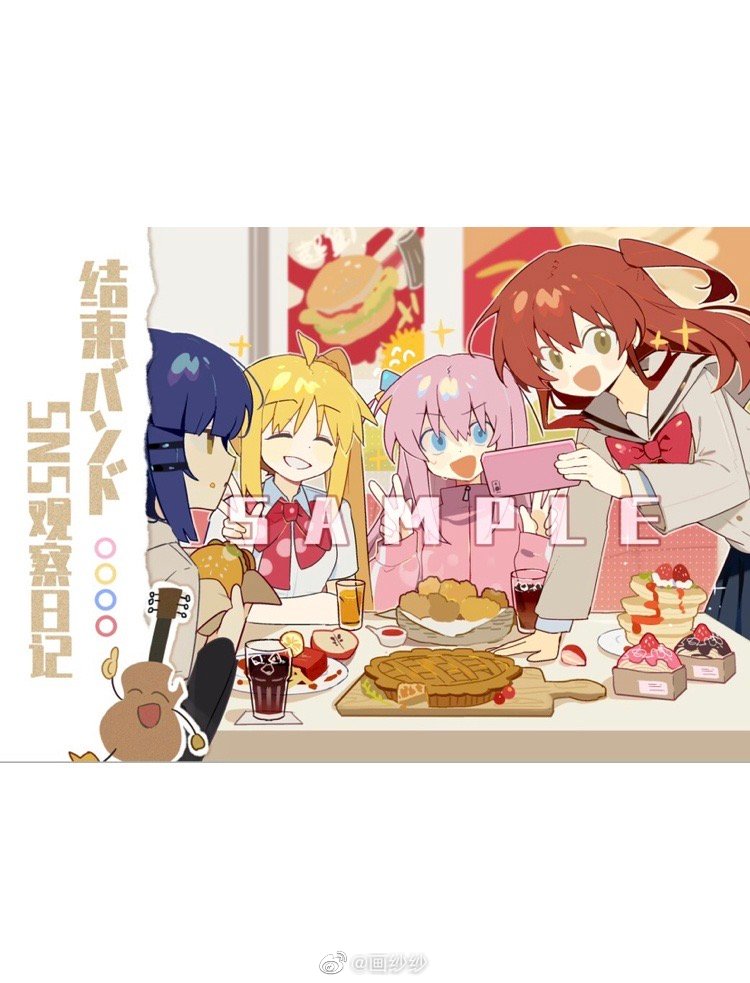 4girls ^_^ ahoge apple apple_slice black_sleeves blonde_hair blue_eyes blue_hair blue_skirt blunt_bangs blunt_ends bocchi_the_rock! bow bowtie brown_sailor_collar brown_shirt brown_sleeves burger cellphone chinese_commentary chinese_text closed_eyes collared_shirt commentary_request cupcake elbow_on_table food fruit glass gotoh_hitori green_eyes grin guitar hair_bobbles hair_ornament hair_scrunchie hairclip hand_on_table high_side_ponytail holding holding_food holding_phone huasha ice ice_cube ijichi_nijika indoors instrument jacket jersey juice kita_ikuyo layered_sleeves lemon lemon_slice letterboxed light_blush long_hair long_sleeves multiple_girls napkin nervous_smile one_side_up open_mouth orange_hair pancake parted_lips phone pie pink_hair pink_jacket pink_sleeves polka_dot_bowtie poster_(object) red_bow red_bowtie restaurant sailor_collar sample_watermark school_uniform scrunchie shirt short_hair short_over_long_sleeves short_sleeves shuka_high_school_uniform skirt sleeves_past_wrists smartphone smile soda sparkle strawberry sweatdrop turtleneck turtleneck_jacket upper_body v v-shaped_eyebrows very_long_hair watermark weibo_logo weibo_username white_jacket white_shirt yamada_ryo zipper_pull_tab