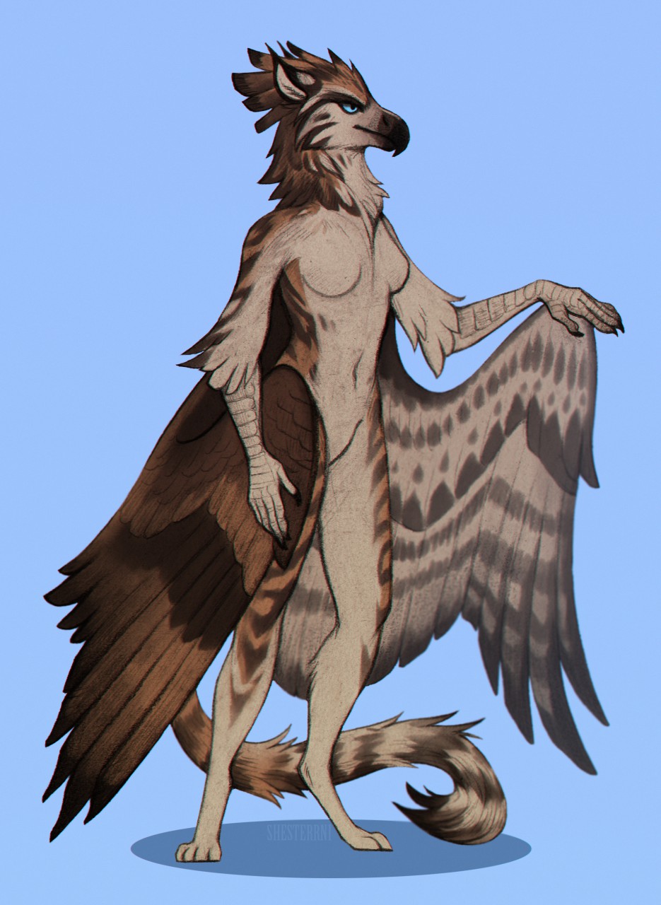anthro avian beak bird feathered_wings feathers female fur gryphon shesterrni solo spots spotted_fur unknown_character wings