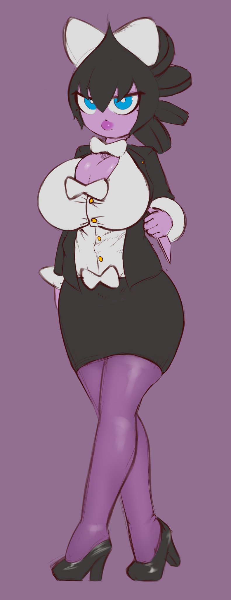 anthro black_clothing black_hair black_heels black_suit blue_eyes bow_tie breasts clothing dibujosv12 female generation_5_pokemon gothitelle hair hi_res medium_breasts nintendo pokemon pokemon_(species) purple_body purple_skin secretary solo suit