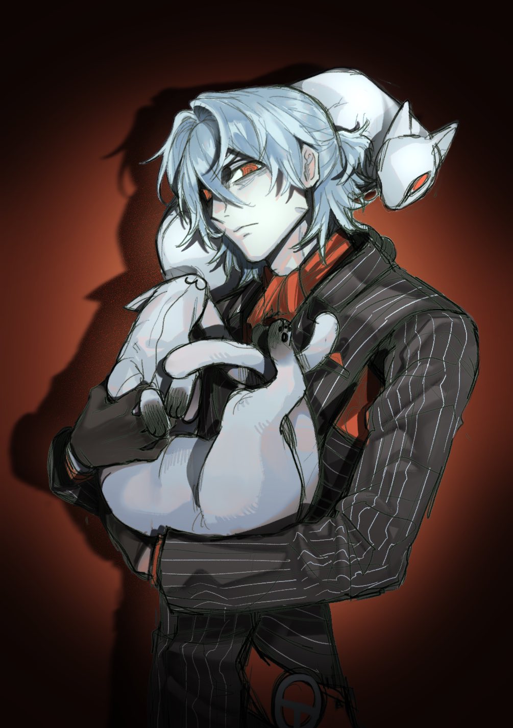 1boy animal animal_on_shoulder antonio_salieri_(fate) antonio_salieri_(second_ascension)_(fate) ascot black_gloves cat cat_on_shoulder closed_mouth fate/grand_order fate_(series) frown gloves grey_hair grey_jacket grey_pants half_updo highres holding holding_animal holding_cat jacket looking_at_viewer male_focus pants pinstripe_jacket pinstripe_pants pinstripe_pattern pinstripe_suit red_ascot red_background red_eyes short_hair simple_background solo striped_suit suit takustorage vignetting white_cat