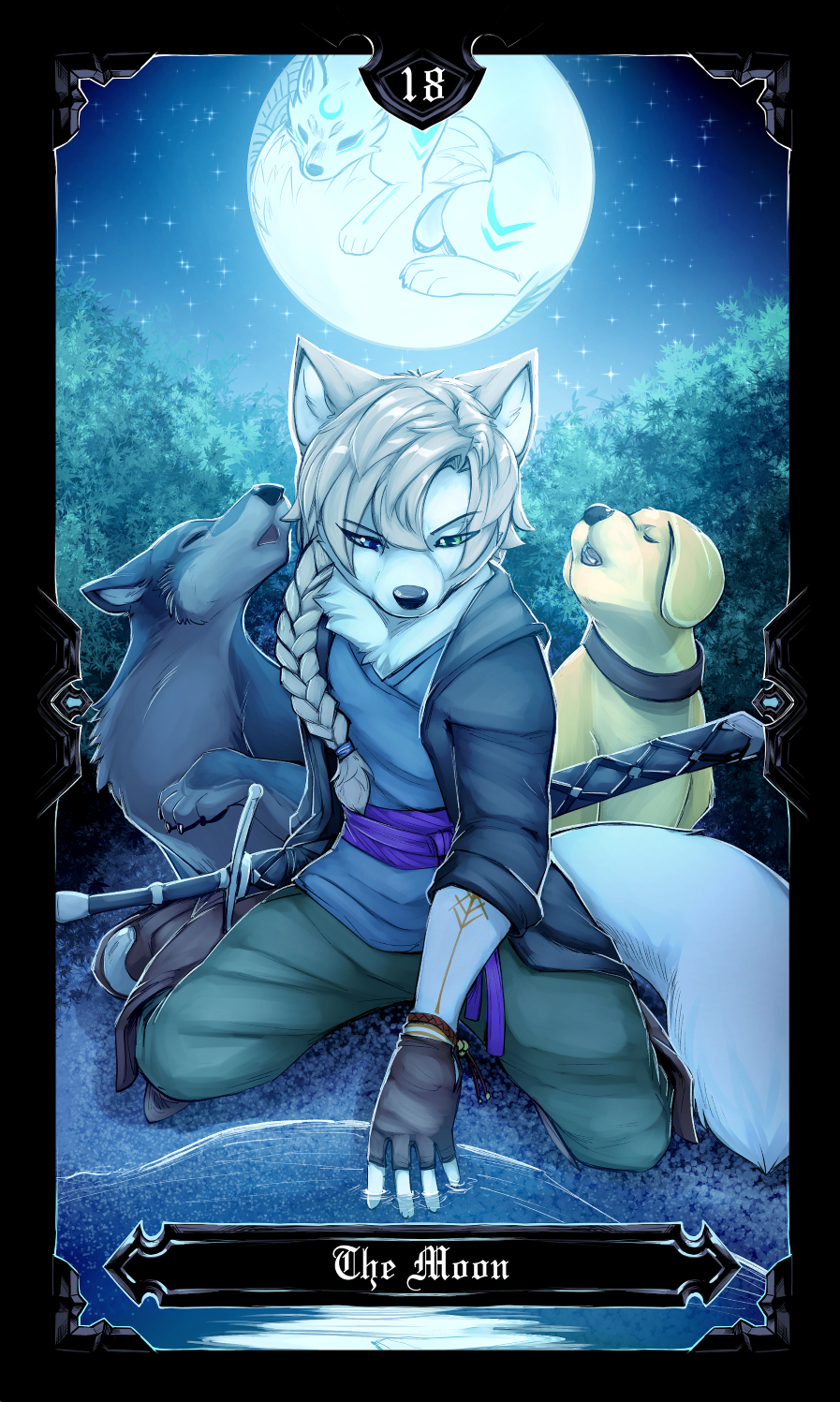 anthro bastionshadowpaw biped braided_hair canid canine canis card claws clothed clothing domestic_dog feral fingers floppy_ears full_moon group hair hi_res howl lum_the_wolf major_arcana mammal melee_weapon moon paws sword tail tarot_card the_moon_(tarot) water weapon wolf