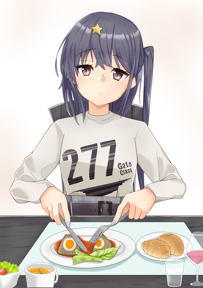 1girl alternate_costume black_hair brown_eyes chair clothes_writing commission croissant cup food fork hair_ornament holding holding_fork kantai_collection long_hair long_sleeves looking_at_viewer makinoki nail_polish plate purple_nails scamp_(kancolle) simple_background sitting skeb_commission solo star_(symbol) star_hair_ornament sweater table