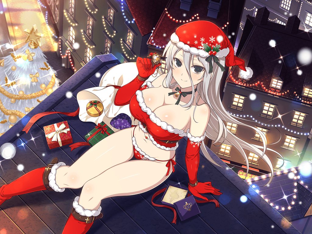 1girl bare_shoulders bell bikini blush boots box breasts building christmas christmas_lights christmas_ornaments christmas_star christmas_tree city city_lights cleavage closed_mouth fur-trimmed_bikini fur-trimmed_gloves fur-trimmed_headwear fur_trim gift gloves green_eyes grey_hair groin hair_between_eyes hair_ornament hat holly holly_hair_ornament large_breasts light_particles long_hair looking_at_viewer midriff navel on_roof open_box pom_pom_(clothes) red_bikini red_gloves red_headwear red_ribbon ribbon road rooftop sack santa_bikini santa_boots santa_costume santa_gloves santa_hat senkou_(senran_kagura) senran_kagura senran_kagura_new_link shiny_skin side-tie_bikini_bottom sitting_on_roof smile snowflake_print solo sparkle street swimsuit watch window wristwatch