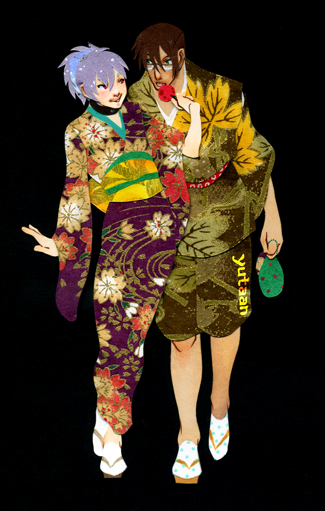 2boys artist_name back_bow bag black_background blue_hair bow brown_footwear brown_hair candy_apple commentary commission crossdressing dark-skinned_male dark_skin english_commentary feeding floral_print food glasses green_bag green_eyes green_shirt green_shorts hair_between_eyes holding holding_bag holding_food japanese_clothes kimono leaf_print looking_at_another lower_teeth_only male_focus multiple_boys obi open_mouth original polka_dot_bag polka_dot_socks ponytail purple_kimono purple_sleeves red_eyes red_sash sandals sash shirt short_hair shorts simple_background smirk socks tabi teeth white_socks wide_sleeves yaoi yellow_bow yellow_footwear yellow_sash yutaan zouri