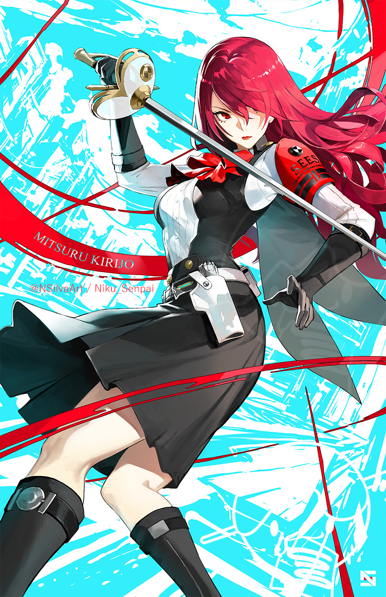 1girl armband black_footwear black_gloves boots character_name closed_mouth commentary english_commentary floating_hair gloves hair_over_one_eye highres holding holding_sword holding_weapon kirijou_mitsuru lips long_hair nikusenpai official_alternate_costume one_eye_covered persona persona_3 persona_3_reload rapier red_armband red_eyes red_hair red_lips solo sword twitter_username weapon