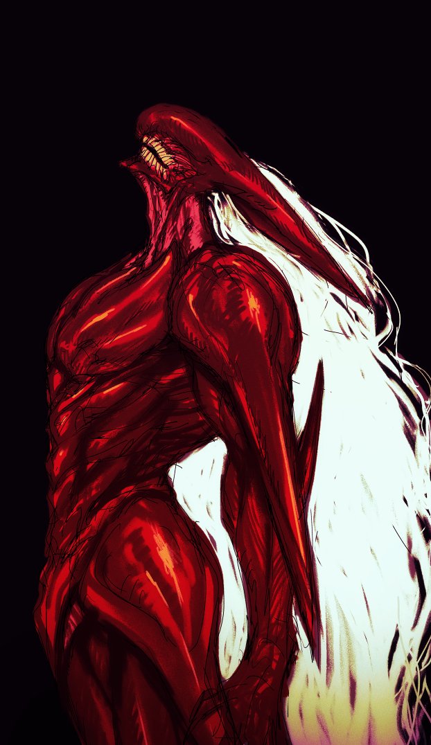 2024 arm_spikes black_background claws demon earless elbow_spikes exoskeleton eyeless featureless_chest featureless_crotch finger_claws hair horn humanoid lipless long_hair looking_up male monster monstrous_humanoid muscular muscular_male noseless not_furry nude pink_body pink_skin portrait red_body red_exoskeleton shaded shou_(slave_zero) shoulder_spikes side_view simple_background slave_zero_(series) slave_zero_x solo spikes spikes_(anatomy) standing teeth teketktako three-quarter_portrait white_hair yellow_teeth