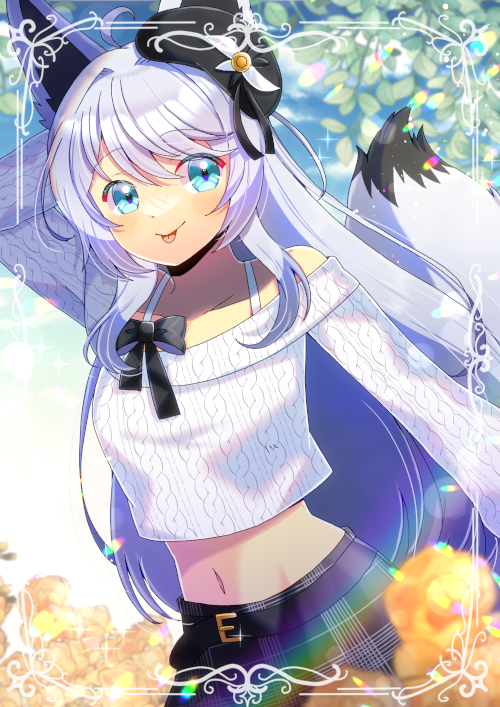 1girl :p animal_ears arm_above_head belt beret black_belt black_bow black_headwear black_skirt blue_eyes blush border bow cable_knit closed_mouth collarbone cowboy_shot hat inset_border kou_hiyoyo lens_flare long_hair looking_at_viewer midriff navel off-shoulder_sweater off_shoulder original ornate_border plaid plaid_skirt sidelocks skirt smile solo stomach straight_hair sweater tail tongue tongue_out tree white_hair white_sweater wolf_ears wolf_girl wolf_tail