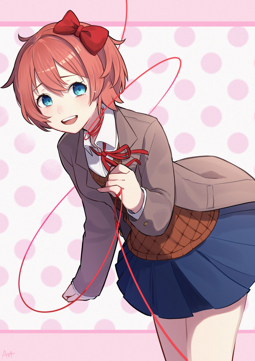 1girl blazer blue_eyes blue_skirt bow brown_jacket doki_doki_literature_club eyelashes hair_between_eyes hair_bow highres jacket light_blush neck_ribbon nervous open_mouth orange_vest pink_background pink_hair pleated_skirt polka_dot polka_dot_background red_bow red_ribbon ribbon sato_(r017xts117) sayori_(doki_doki_literature_club) school_uniform short_hair skirt smile solo string string_around_finger string_around_neck string_of_fate tearing_up teeth vest