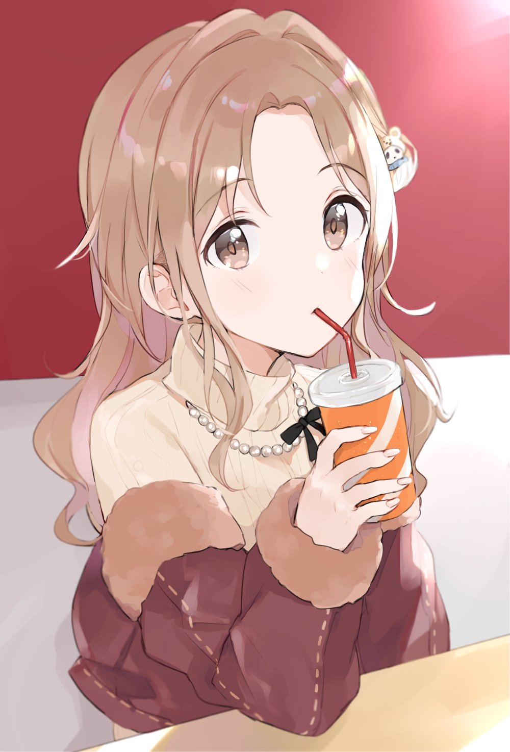 1girl blurry brown_eyes brown_hair brown_jacket cup depth_of_field disposable_cup dot_nose drinking drinking_straw elbow_on_table fur-trimmed_jacket fur_trim hair_bun hair_ornament hand_up highres ichikawa_hinana idolmaster idolmaster_shiny_colors jacket jewelry long_hair long_sleeves looking_at_viewer monon_tulle mouth_hold necklace off_shoulder on_chair parted_bangs pearl_necklace shirt single_hair_bun single_side_bun sitting solo table yellow_shirt