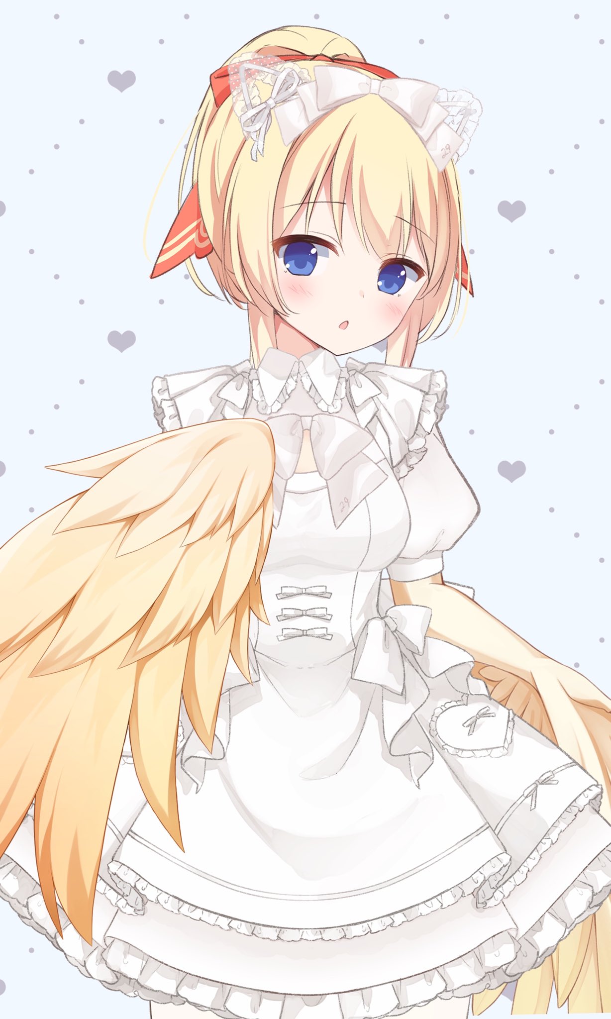 1girl artist_name artist_request blonde_hair blue_eyes blush bow bowtie breasts collar dress dress_bow feathers frilled_collar frilled_dress frills grey_background hair_bow hair_ribbon harpy heart heart_background highres indie_virtual_youtuber maid_day mavia_(vtuber) monster_girl orange_ribbon puffy_short_sleeves puffy_sleeves ribbon second-party_source short_sleeves sidelocks solo white_bow white_bowtie white_dress white_ribbon yellow_feathers