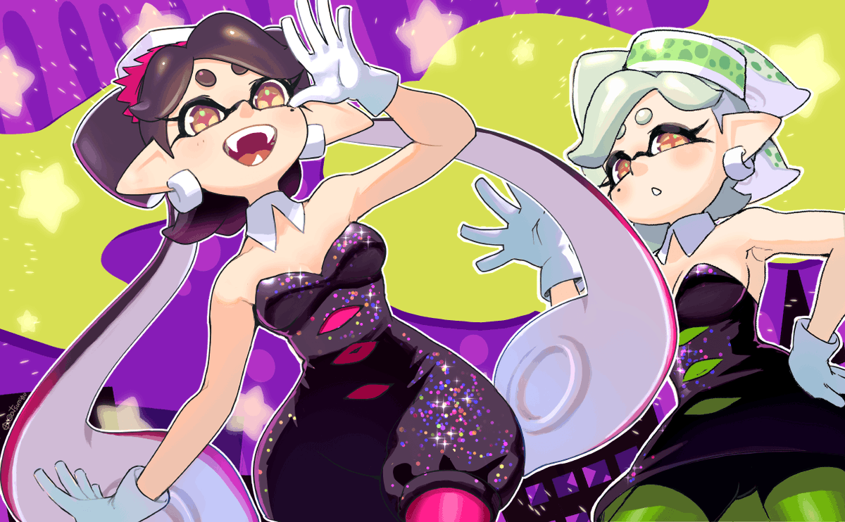 2girls ass_visible_through_thighs bare_arms black_dress black_hair black_jumpsuit black_unitard bow-shaped_hair breasts callie_(splatoon) cleavage cousins detached_collar dress earrings fangs flipped_hair food food_on_head gloves green_pantyhose grey_hair hoop_earrings inkling jewelry jumpsuit marie_(splatoon) mimimimiguchan mole mole_under_eye multiple_girls object_on_head pantyhose pink_pantyhose short_dress short_jumpsuit short_ponytail shorts_under_dress small_breasts splatoon_(series) squid_girl strapless strapless_dress sushi swept_bangs tentacle_hair thick_eyebrows twintails white_gloves yellow_eyes