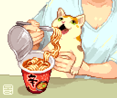 5_fingers ambiguous_gender calico_cat cat_eating_spaghetti cc-by-nc-nd chopsticks clothed clothing creative_commons digital_media_(artwork) domestic_cat duo felid feline felis feral fingers food human instant_noodle low_res mammal meme moawling noodles open_mouth paws pixel_(artwork)