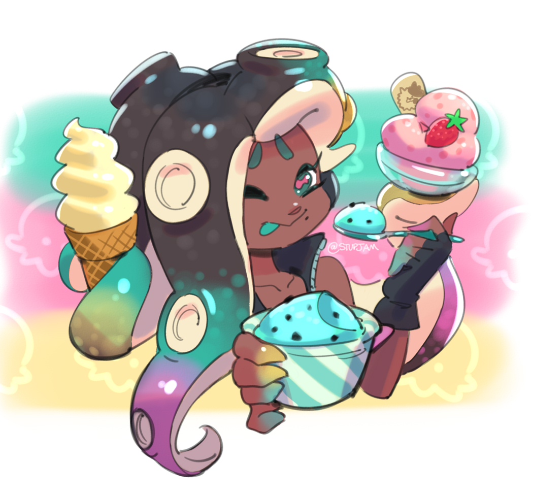 1girl :p aqua_eyes aqua_hair black_gloves black_hair brown_hair cephalopod_eyes commentary dark-skinned_female dark_skin eating english_commentary eyelashes food gloves holding holding_spoon ice_cream long_hair marina_(splatoon) mole mole_under_mouth multicolored_background multicolored_hair octoling one_eye_closed prehensile_hair purple_hair red_pupils solo splatoon_(series) splatoon_3 spoon stup-jam tentacle_hair thick_eyebrows tongue tongue_out upper_body