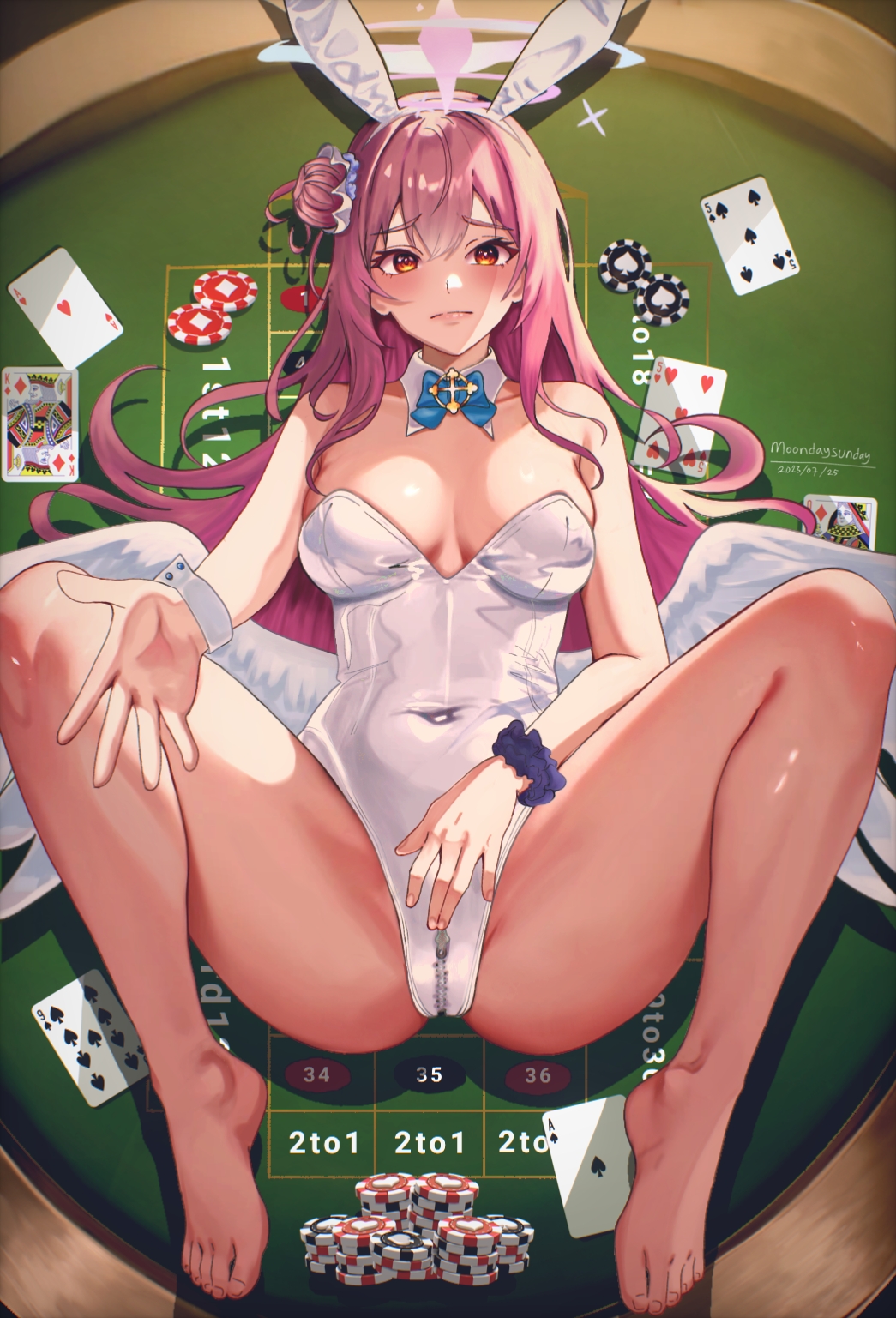 1girl animal_ears ass bare_shoulders barefoot blue_archive blush bow bowtie brown_eyes card covered_navel detached_collar fake_animal_ears hair_bun halo highres long_hair lying matchacha mika_(blue_archive) on_back pink_hair playboy_bunny playing_card poker_chip poker_table rabbit single_hair_bun solo spread_legs table wings wrist_cuffs