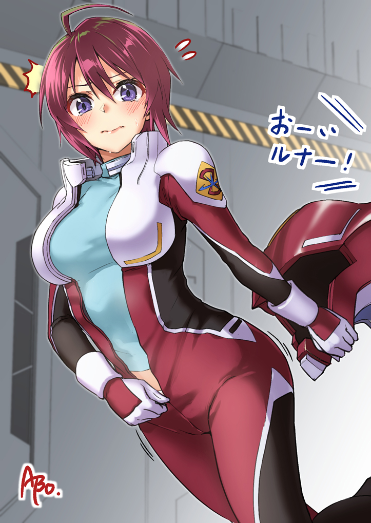 1girl abo_(hechouchou) ahoge blue_shirt bodysuit breasts embarrassed gundam gundam_seed gundam_seed_destiny hair_between_eyes hangar looking_at_viewer lunamaria_hawke medium_breasts panties pilot_suit pink_hair purple_eyes red_hair shirt short_hair solo underwear zero_gravity zipper