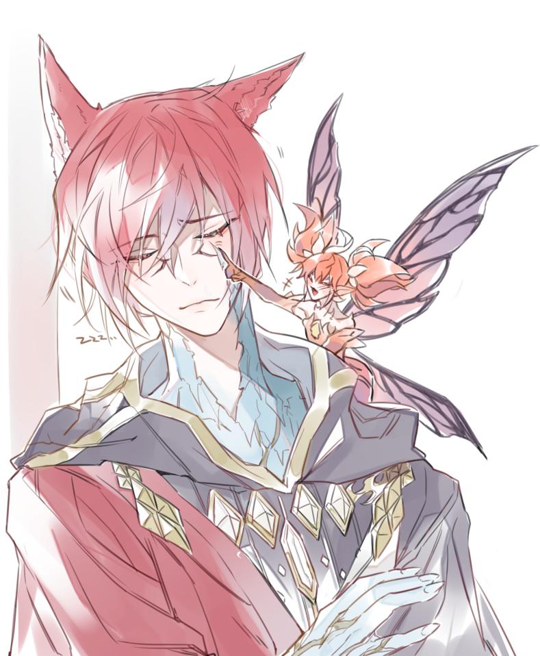 1boy :d animal_ears cat_ears closed_mouth crystal_exarch fairy feo_ul final_fantasy final_fantasy_xiv g'raha_tia hooded_robe male_focus mini_person minigirl pixie_(ff14) red_hair robe smile tladpwl03 twintails