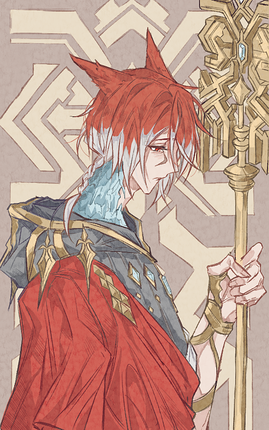 1boy animal_ears bracelet cat_ears crystal_exarch final_fantasy final_fantasy_xiv g'raha_tia grey_robe holding holding_scepter hood hood_down hooded_robe jewelry looking_down male_focus miqo'te profile red_eyes red_hair robe scepter solo tladpwl03