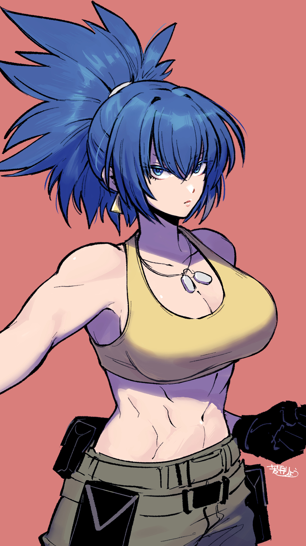 1girl abs bare_shoulders belt blue_eyes blue_hair breasts cargo_pants cleavage crop_top dog_tags earrings gloves highres jewelry leona_heidern muscular muscular_female navel pants ponytail pouch ryo_yo_shi soldier solo tank_top the_king_of_fighters the_king_of_fighters_xv triangle_earrings yellow_tank_top