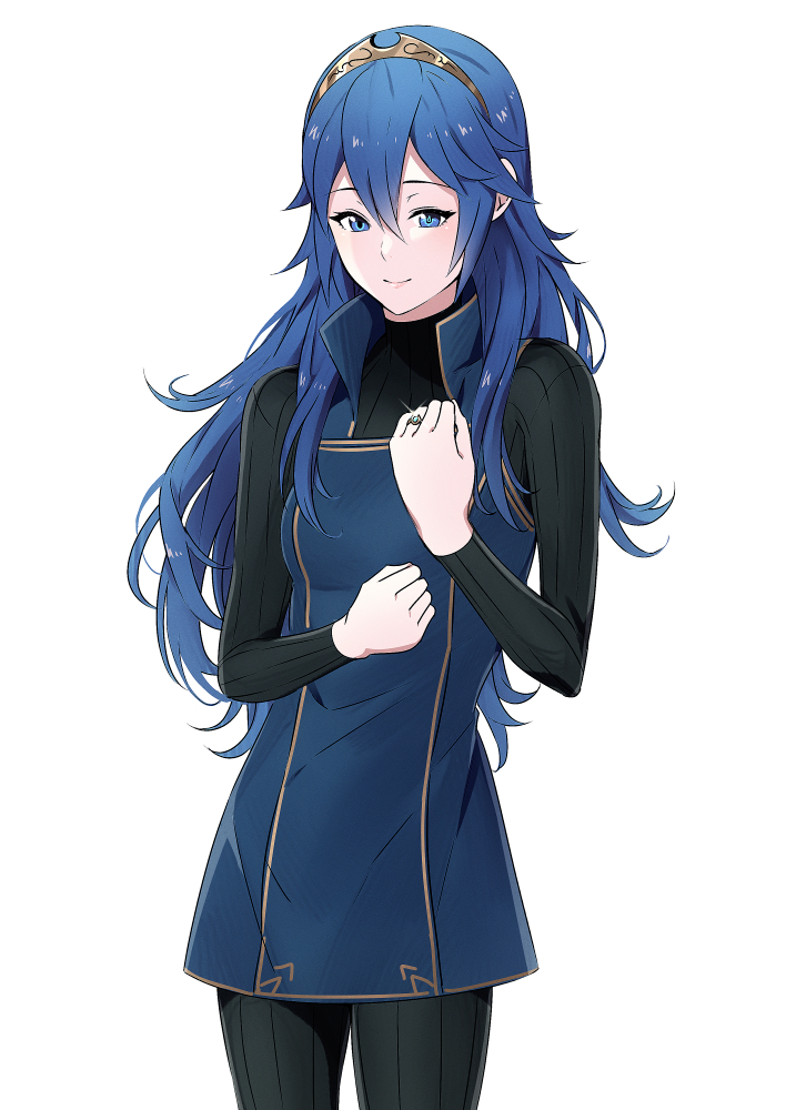 1girl ameno_(a_meno0) black_sweater blue_eyes blue_hair closed_mouth fire_emblem fire_emblem_awakening hair_between_eyes jewelry long_hair long_sleeves lucina_(fire_emblem) ribbed_sweater ring simple_background smile solo sweater tiara turtleneck turtleneck_sweater white_background