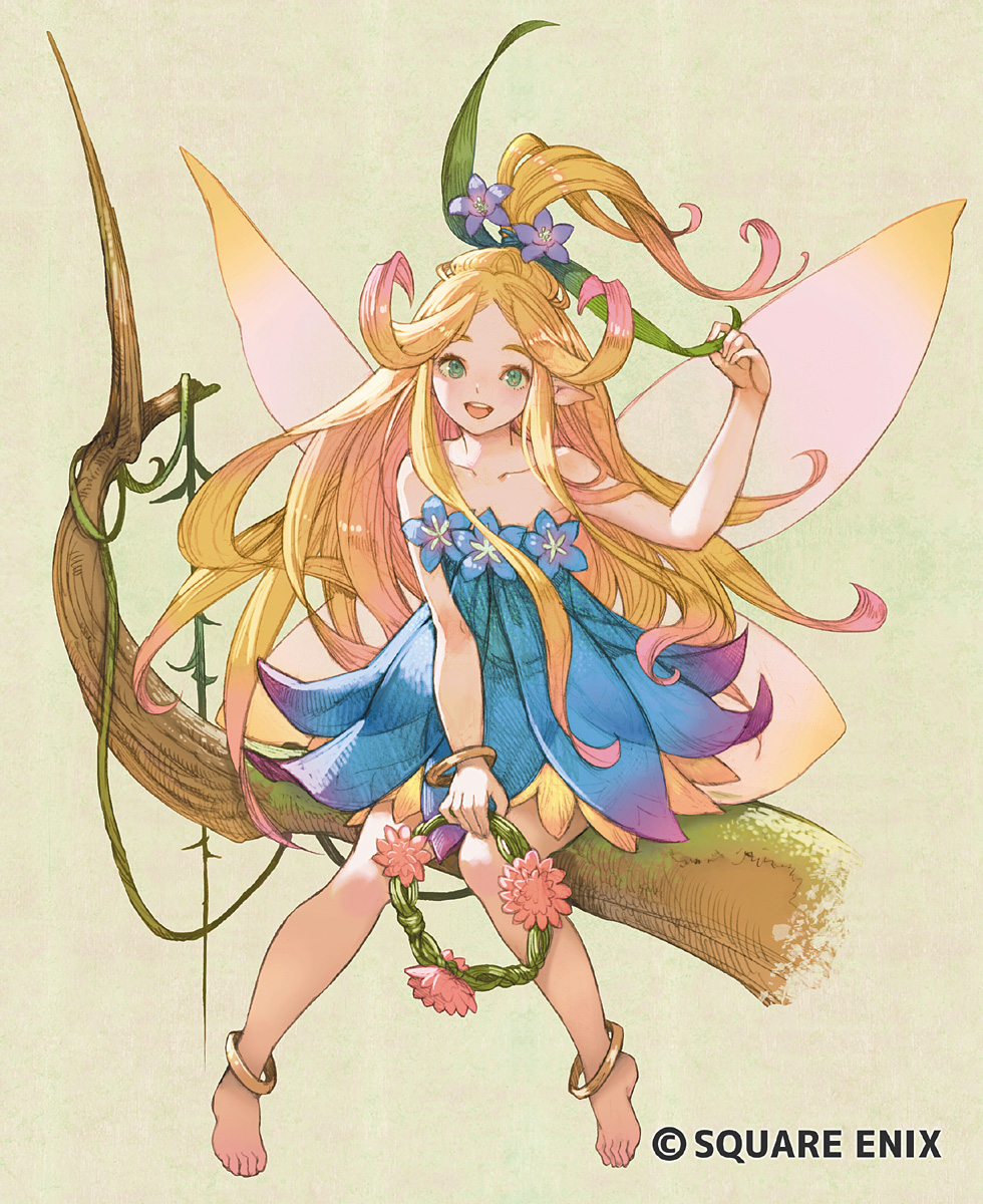 1girl barefoot blonde_hair character_request commentary_request dress full_body haccan highres jewelry long_hair looking_at_viewer open_mouth seiken_densetsu simple_background smile solo square_enix white_background