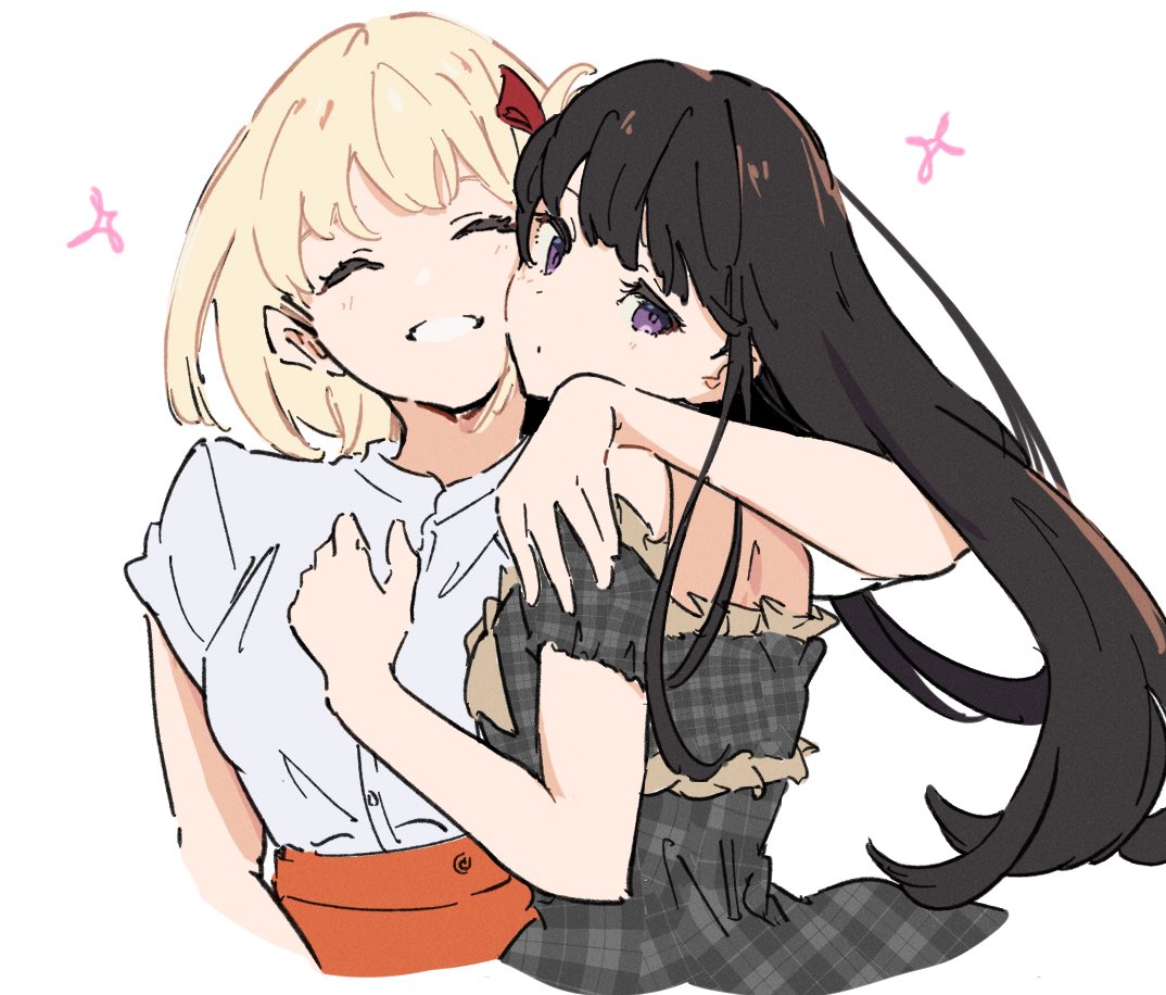 2girls arm_around_neck atenaba black_dress black_hair blonde_hair cheek-to-cheek closed_eyes closed_mouth commentary cropped_torso dress hair_ribbon hand_on_another's_shoulder hashtag_only_commentary heads_together inoue_takina long_hair looking_at_viewer lycoris_recoil medium_hair multiple_girls nishikigi_chisato off-shoulder_dress off_shoulder open_mouth orange_skirt plaid plaid_dress purple_eyes red_ribbon ribbon shirt shirt_tucked_in short_sleeves simple_background skirt smile upper_body white_background white_shirt yuri