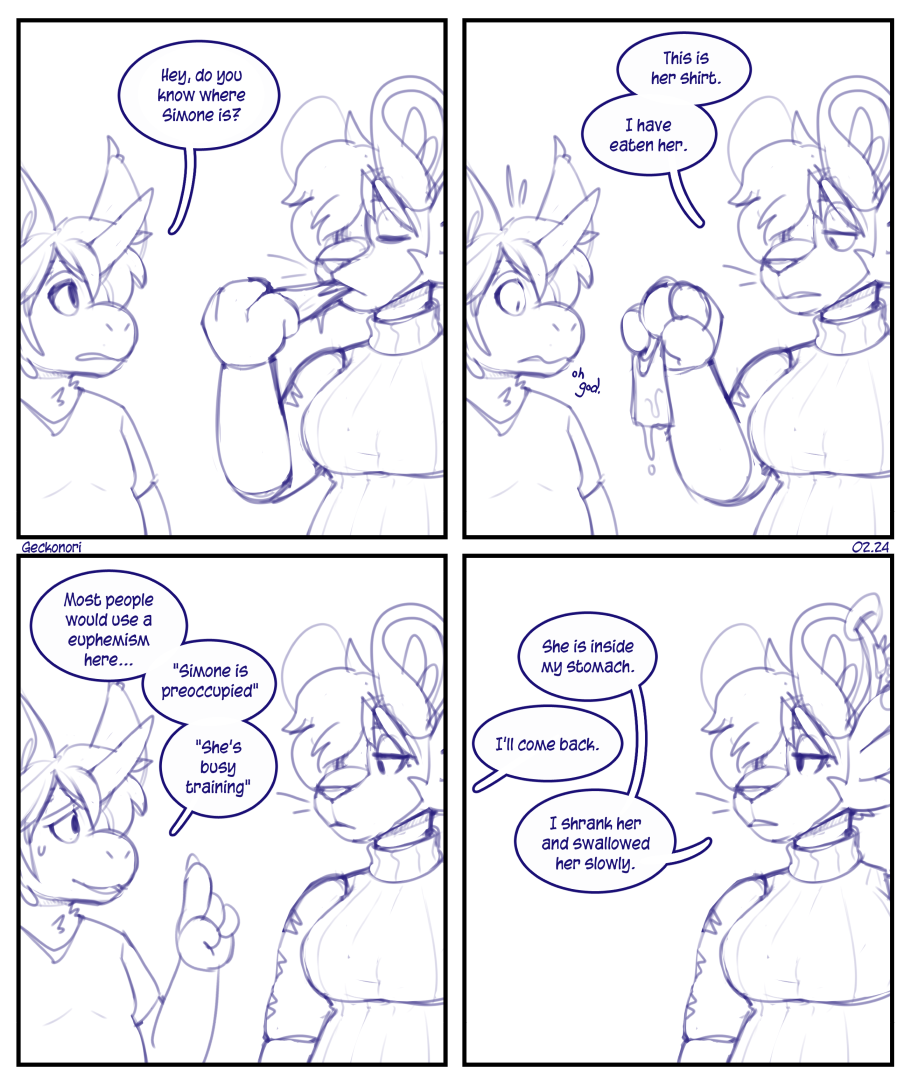 4_panel_comic 4koma asking bodily_fluids caveat_(geckonori) clothing comic deadpan dialogue duo ear_piercing female female_prey geckonori line_art piercing shocked speech_bubble sweat sweatdrop sweater topwear vore