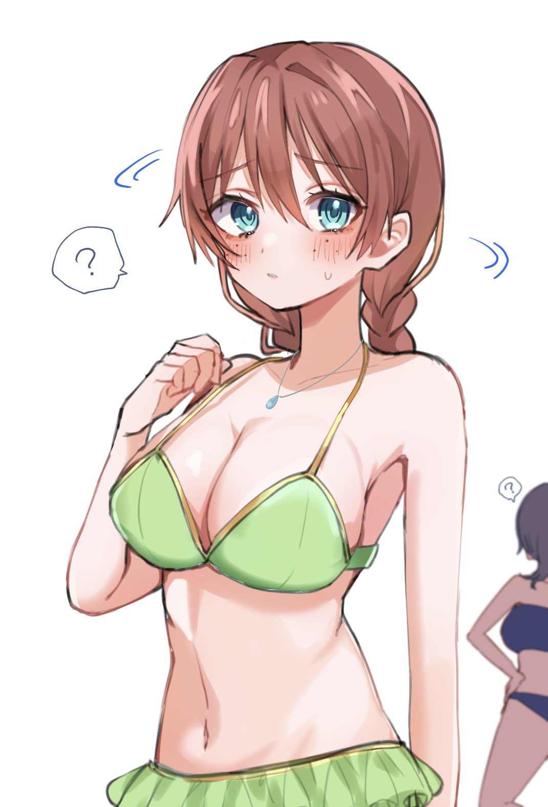 2girls ? aqua_eyes asaka_karin bare_shoulders bikini blush braid breasts brown_hair cleavage closed_mouth commentary_request emma_verde furrowed_brow green_bikini hair_between_eyes highres jewelry looking_at_viewer love_live! love_live!_nijigasaki_high_school_idol_club low_twintails medium_hair midriff motion_lines multiple_girls navel necklace osora_dao sidelocks solo_focus spoken_question_mark standing sweat swimsuit twin_braids twintails upper_body white_background