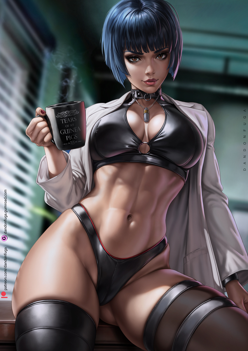 1girl abs artist_name bikini black_bikini black_hair black_thighhighs blue_eyes breasts brown_eyes cleavage clinic coat coffee_mug collarbone contrapposto cup dandon_fuga desk eyeshadow gumroad_logo gumroad_username highres hip_focus indoors large_breasts lips lipstick looking_at_viewer makeup mascara medium_breasts mug navel nose o-ring o-ring_bikini on_desk patreon_logo patreon_username persona persona_5 red_lips short_hair sitting sitting_on_desk smile solo standing swimsuit takemi_tae thick_lips thighhighs thighs toned white_coat