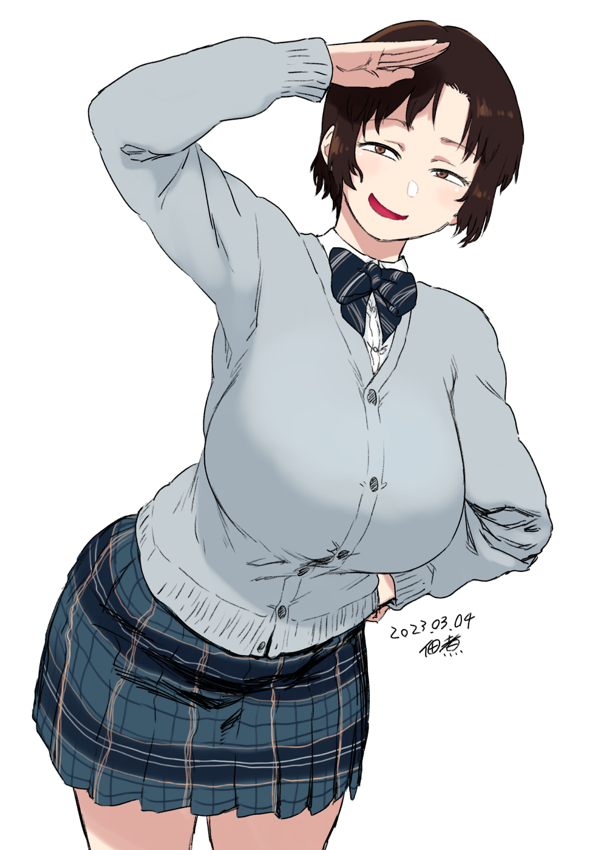 1girl bow bowtie breasts brown_eyes brown_hair dated grey_sweater hand_on_own_hip large_breasts leaning_forward long_sleeves original plaid plaid_skirt salute short_hair simple_background skirt smile solo sweater tsukudani_(coke-buta) white_background