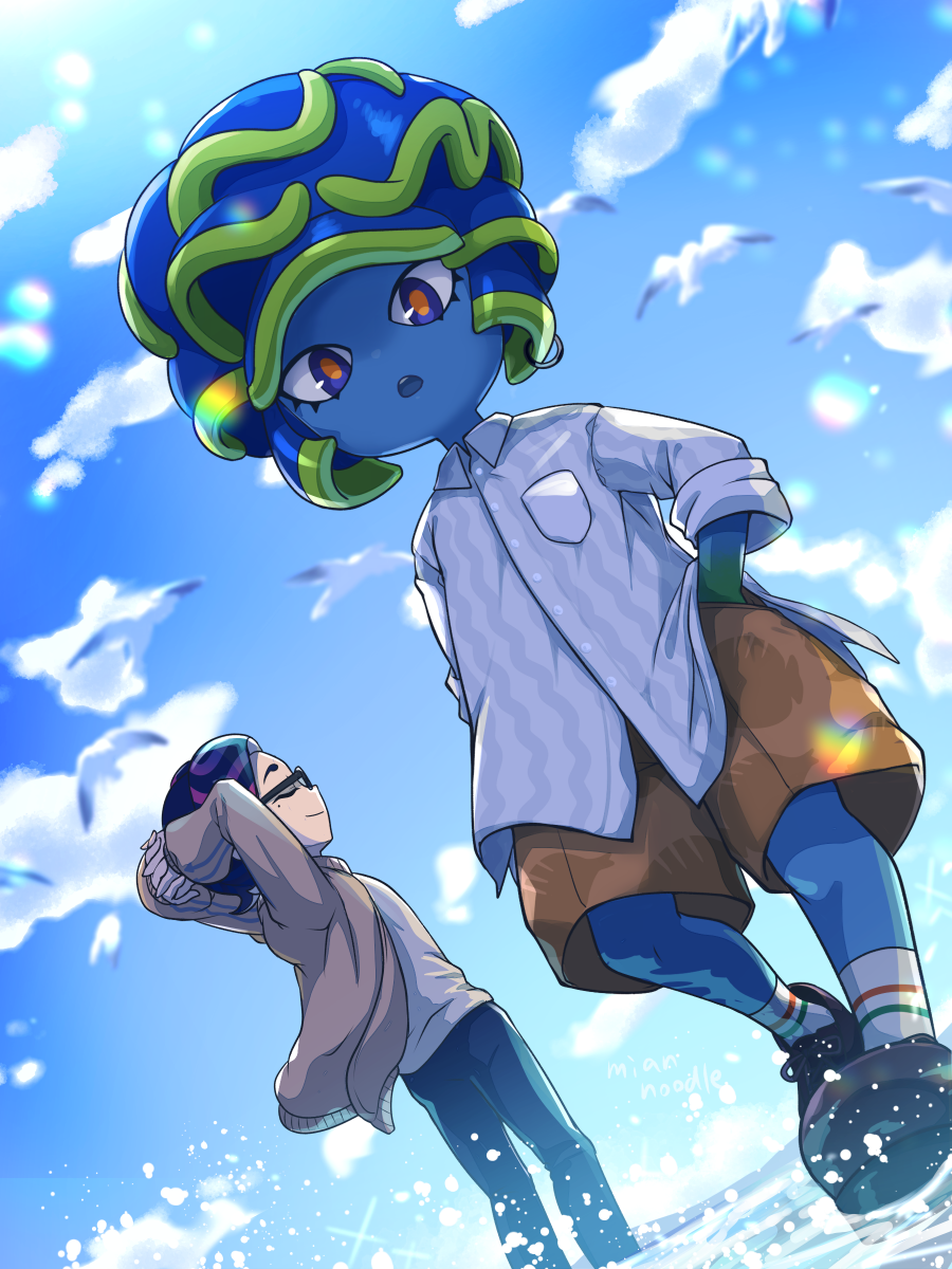 2boys black_footwear black_pants blue_eyes blue_skin blue_sky breast_pocket brown_jacket brown_shorts closed_eyes cloud cloudy_sky collared_shirt colored_skin cory_(splatoon) day dutch_angle glasses highres jacket lionel_(splatoon) long_sleeves mian_noodle multiple_boys open_mouth outdoors pants pocket profile red_pupils shirt shoes shorts sky smile socks splatoon_(series) water white_shirt