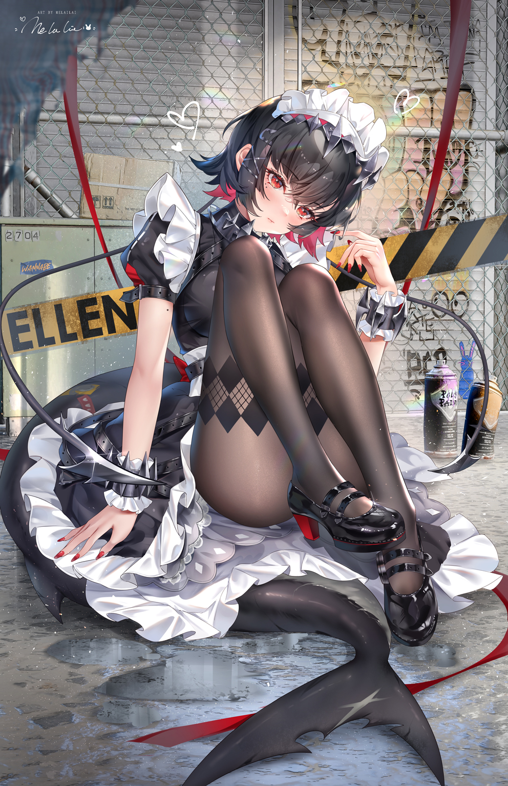 1girl apron black_dress black_footwear black_hair black_pantyhose blush bow breasts cigarette clothes_lift collar colored_inner_hair dress ear_piercing ellen_joe frills full_body graffiti headdress headwear_request high_heels highres holding knees_up large_breasts looking_at_viewer maid maid_apron maid_headdress mary_janes melailai multicolored_hair nail_polish pantyhose piercing puffy_short_sleeves puffy_sleeves red_eyes red_hair red_nails red_ribbon ribbon shoes short_hair short_sleeves sitting skirt skirt_lift solo tail thighhighs underwear wrist_cuffs zenless_zone_zero