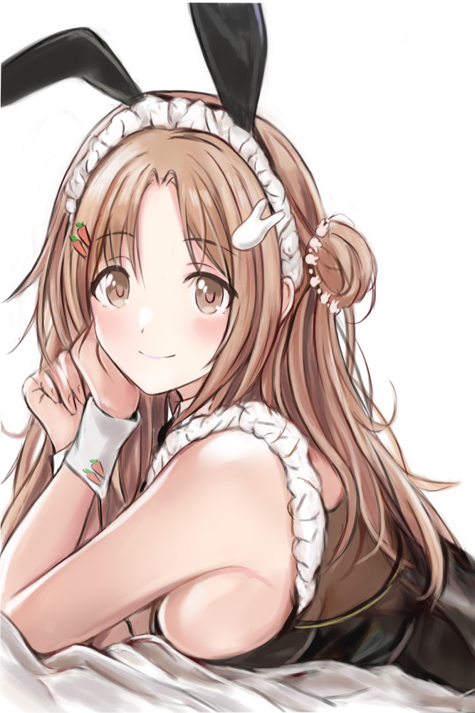 1girl animal_ear_hairband animal_ears bare_shoulders black_leotard blush breasts brown_eyes brown_hair carrot_hair_ornament closed_mouth dot_nose fake_animal_ears food-themed_hair_ornament from_side hair_bun hair_ornament hairband hands_up ichikawa_hinana idolmaster idolmaster_shiny_colors large_breasts leotard long_hair looking_at_viewer lying nannacy7 on_stomach parted_bangs playboy_bunny rabbit_ear_hairband rabbit_ears rabbit_hair_ornament simple_background single_hair_bun single_side_bun smile solo white_background white_headdress white_wrist_cuffs wrist_cuffs