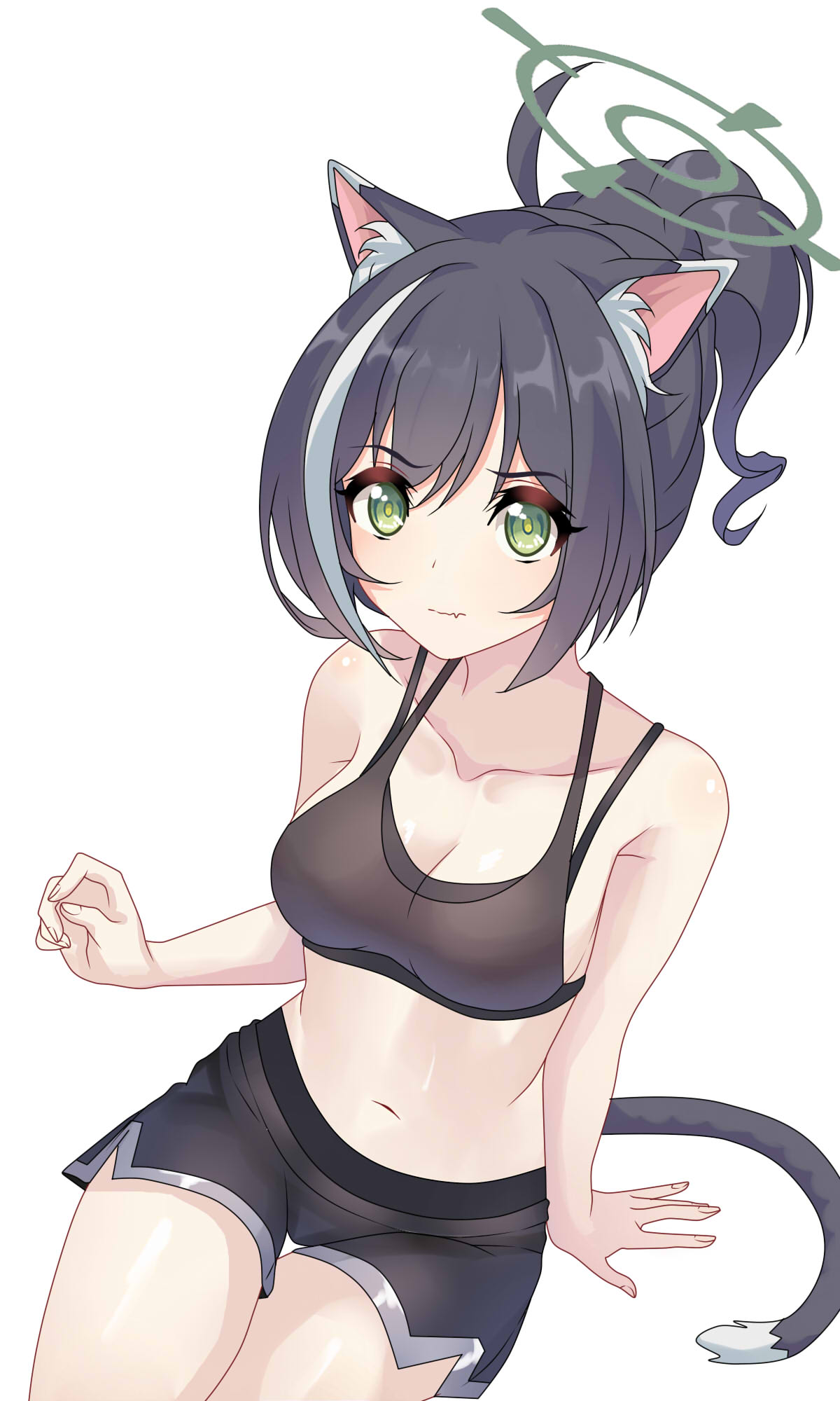 1girl ahoge animal_ear_fluff animal_ears bare_arms black_hair breasts cat_ears cat_girl cat_tail cleavage crop_top fang green_eyes halo highres karyl_(princess_connect!) maxwelzy midriff multicolored_hair navel ponytail princess_connect! shorts sitting solo streaked_hair tail white_hair