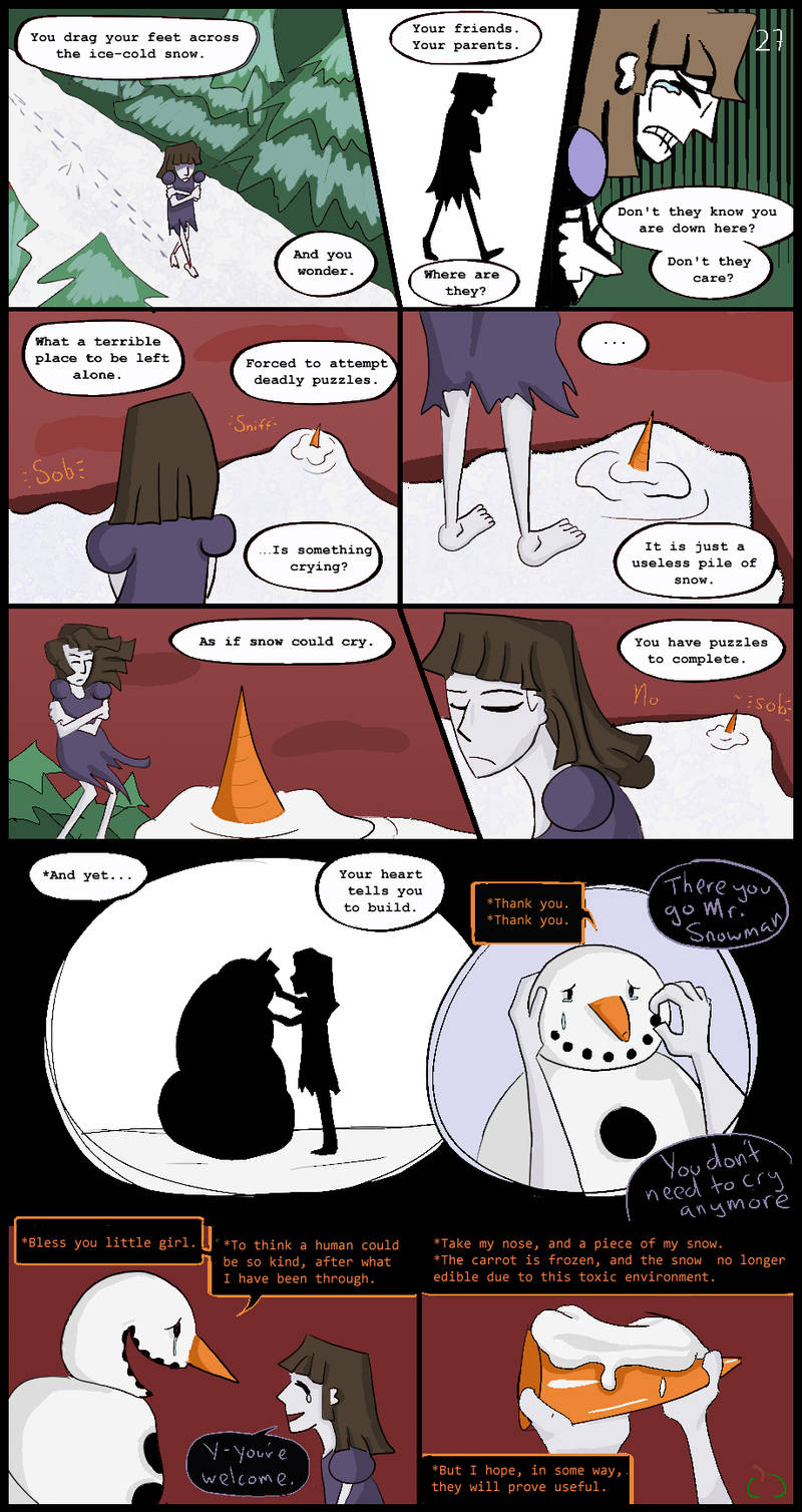 aliza_(horrortale) alternate_universe barefoot brown_hair carrot clothed clothing comic dialogue english_text feet female food hair hi_res horrortale human humanoid male mammal not_furry plant snow snowman snowman_(species) sour-apple-studios speech_bubble text undertale undertale_(series) vegetable white_body