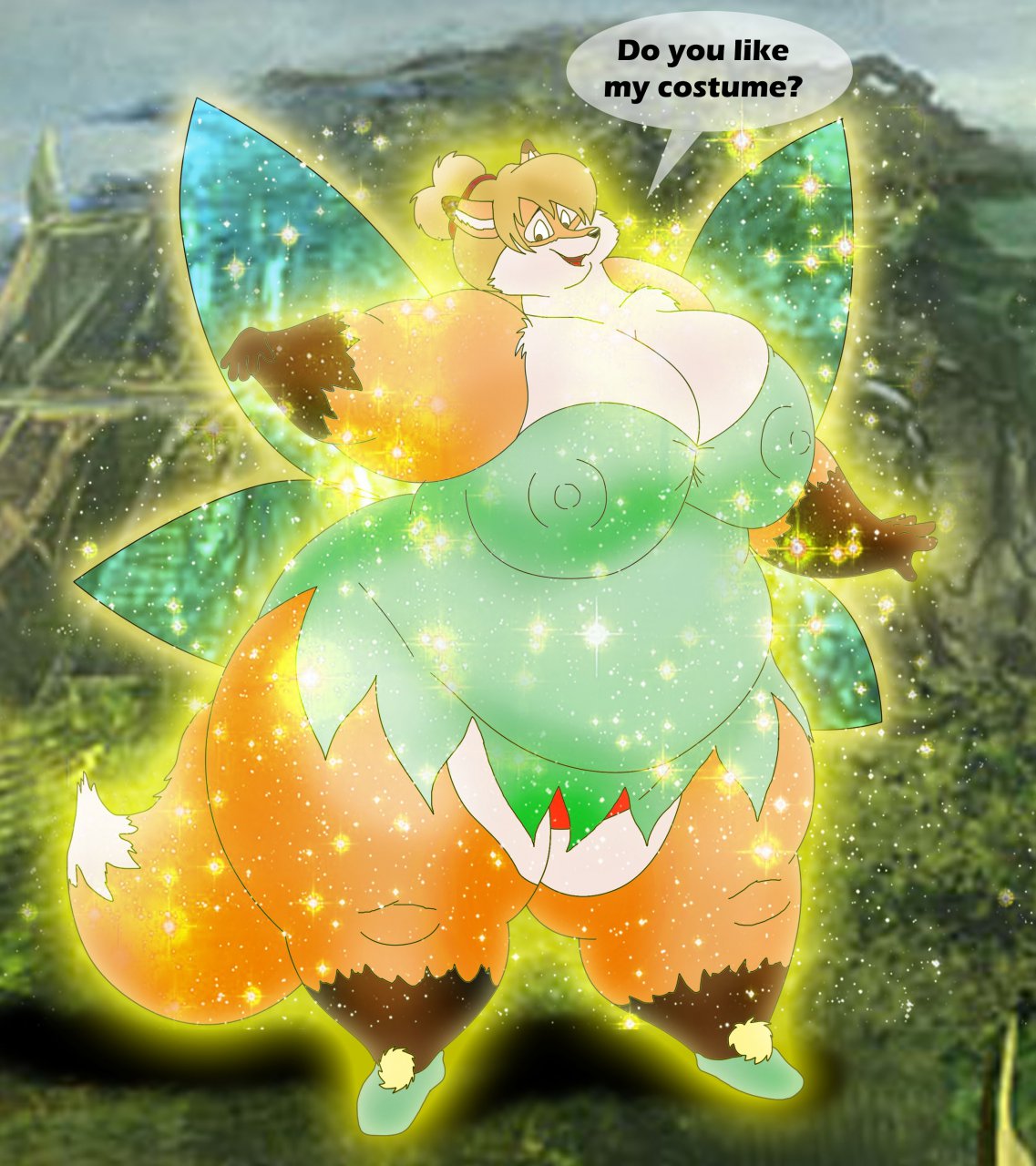 2014 anthro areola_outline belly big_breasts blonde_hair breasts canid canine clothed clothing digital_media_(artwork) english_text fairy female footwear fox fur glowing hair hi_res huge_breasts insect_wings mammal michelle_(xxsparcoxx) multicolored_body multicolored_fur nipple_outline obese obese_anthro obese_female open_mouth overweight overweight_anthro overweight_female peter_pan solo speech_bubble text thick_thighs tinker_bell_(disney) two_tone_body two_tone_fur wings xxsparcoxx