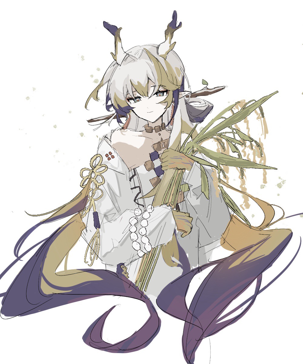 1girl arknights bare_shoulders beads blonde_hair closed_mouth colored_skin cropped_torso dragon_girl dragon_horns earrings grey_eyes grey_hair hair_between_eyes half-closed_eyes highres holding holding_plant horns jacket jewelry long_hair long_sleeves looking_down multicolored_hair necklace off_shoulder open_clothes open_jacket plant pointy_ears purple_hair purple_horns qiming_zhen_de_hao_nan red_pupils sheaf shu_(arknights) simple_background sketch smile solo upper_body very_long_hair wheat white_background white_horns white_jacket yellow_horns