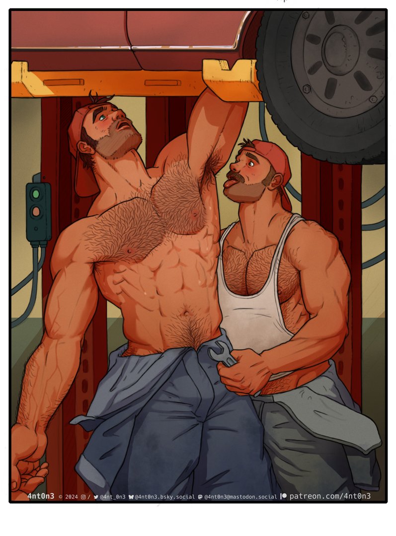 2boys 4nt_0n3 abs adam's_apple arm_up armpit_hair armpits backwards_hat bara baseball_cap beard_stubble blush car couple cowboy_shot dark-skinned_male dark_skin facial_hair foreplay groin hairy hat jumpsuit large_pectorals looking_at_another male_focus mature_male mechanic medium_sideburns midriff_peek motor_vehicle multiple_boys muscular muscular_male navel navel_hair nipples original pectorals standing stomach stubble sweat tank_top thick_arm_hair thick_chest_hair thick_eyebrows thick_navel_hair tongue tongue_out topless_male white_tank_top wrench yaoi