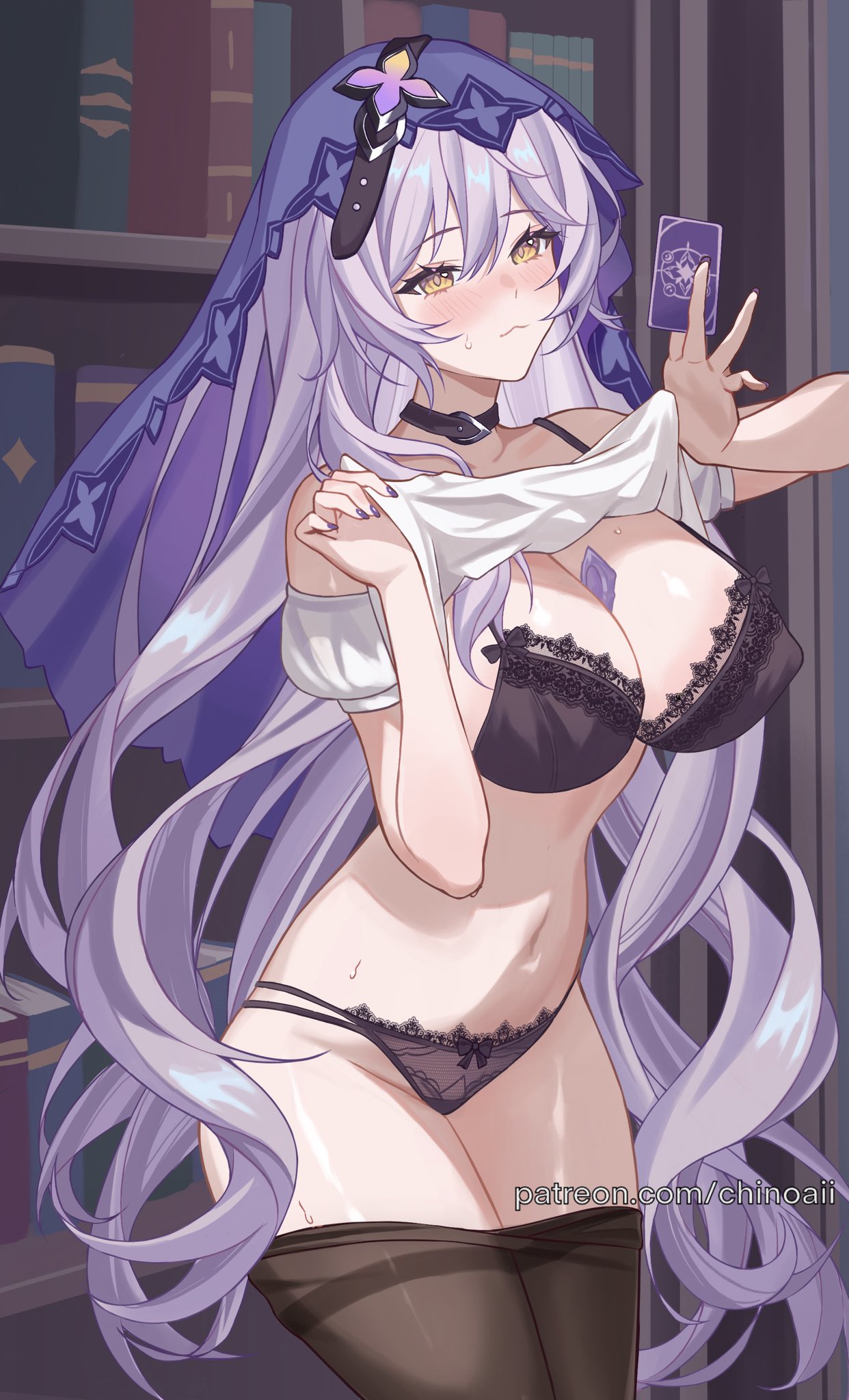 1girl :&lt; artist_name between_fingers black_bra black_panties black_pantyhose black_swan_(honkai:_star_rail) blush bra breasts card card_between_fingers chinoa cleavage closed_mouth clothes_pull condom_between_breast contrapposto covered_nipples cowboy_shot hair_between_eyes highres holding honkai:_star_rail honkai_(series) huge_breasts lace-trimmed_bra lace-trimmed_panties lace_trim lifted_by_self long_hair looking_at_viewer nail_polish paid_reward_available panties pantyhose pantyhose_pull purple_hair purple_nails purple_veil shirt sidelocks solo stomach sweatdrop underwear white_shirt yellow_eyes
